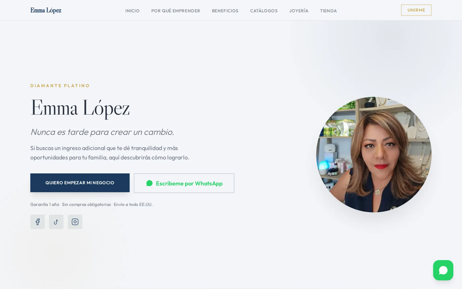 Portada de diamanteplatinoemmalopez.com: foto real de Emma López, Diamante Platino, con su presentación y botones de contacto