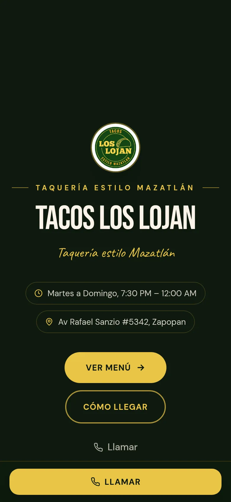 lojantacos.com en un celular: la carta se ve completa y legible en pantalla chica