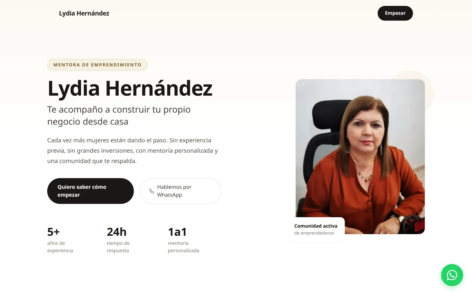 Portada de lydiahernandez.mx: foto de Lydia Hernández con el título "Mentora de emprendimiento" y botones para empezar o escribir por WhatsApp