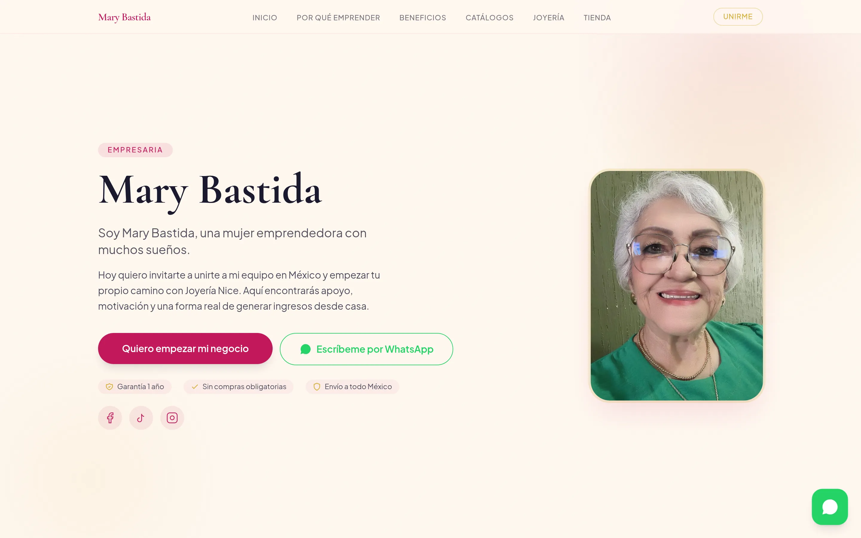 Portada de marybastida.com: foto real de Mary Bastida junto a su presentación como empresaria, en su rosa mexicano, con botones de WhatsApp