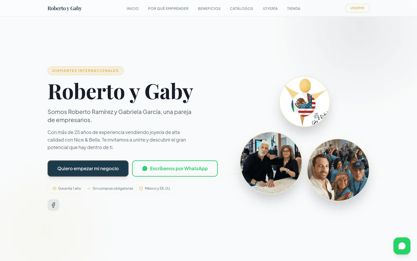 Portada de robertoygabydiamantes.com: Roberto y Gaby con sus fotos reales de pareja empresaria y sus insignias de México y Estados Unidos