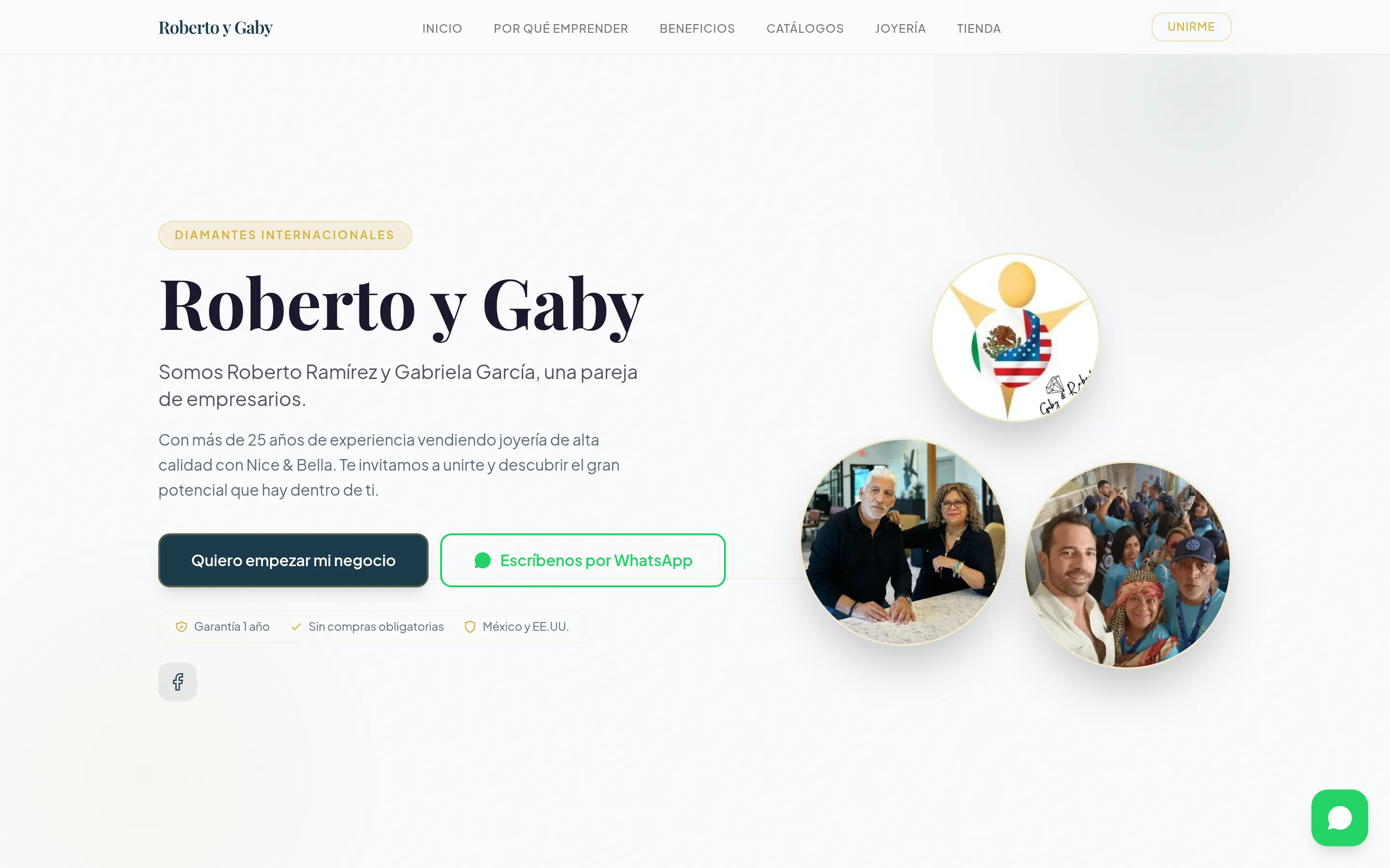 Portada de robertoygabydiamantes.com: Roberto y Gaby con sus fotos reales de pareja empresaria y sus insignias de México y Estados Unidos