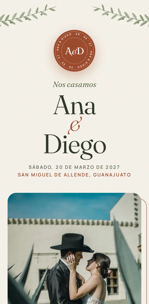 Portada de la invitación de muestra de boda: sello de terracota, ramas de olivo y los nombres Ana & Diego sobre una foto en la hacienda